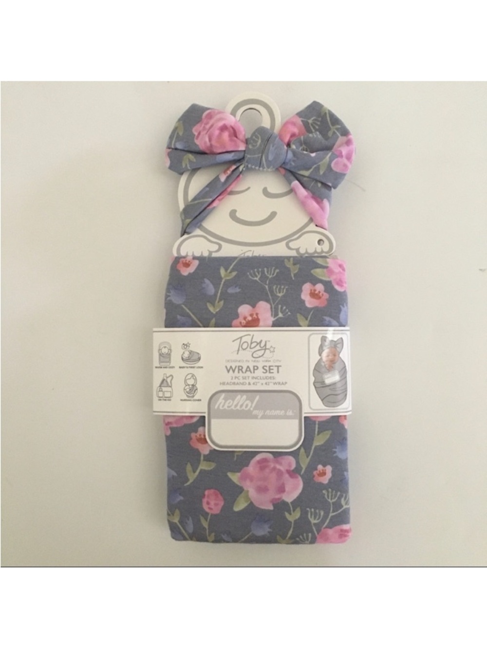 Toby Swaddle 2 Piece Blanket Wrap and Bow Headband Set Pink Blue One Size